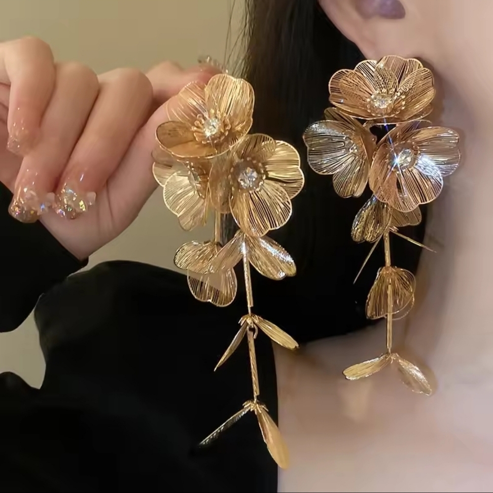Gold Floral Drop Earrings - Picture 3 of 7